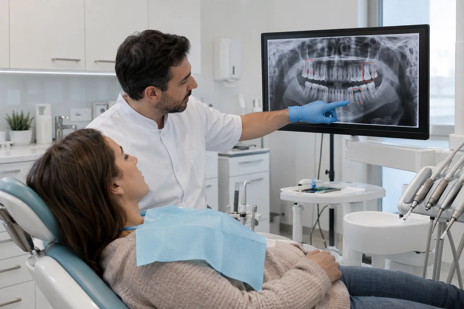 Dentist reviewing an OPG panoramic dental X-ray with AI-assisted findings